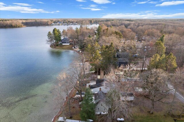 drone / aerial view featuring a water view and a wooded view