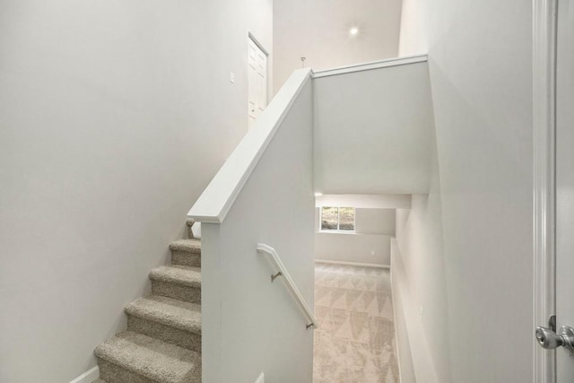 stairs featuring carpet flooring