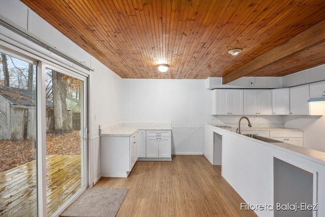 kitchen with sink, light hardwood / wood-style flooring, wooden ceiling, beamed ceiling, and white cabinetry