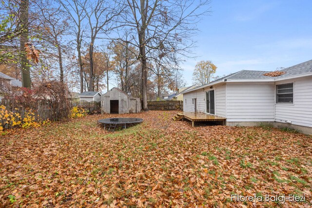 view of yard featuring a storage shed and a trampoline