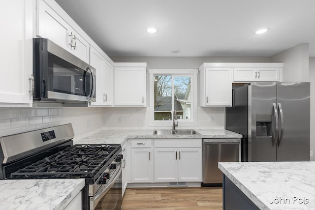 kitchen with sink, stainless steel appliances, decorative backsplash, white cabinets, and light wood-type flooring