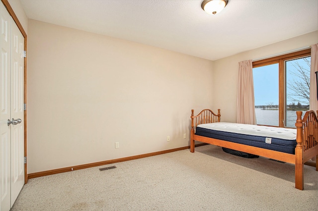 bedroom with a closet and a water view