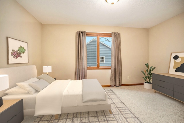 carpeted bedroom with a textured ceiling