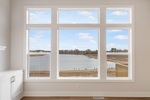 interior space with hardwood / wood-style floors, a healthy amount of sunlight, and a water view