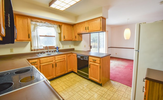 kitchen featuring plenty of natural light, sink, black appliances, and decorative light fixtures