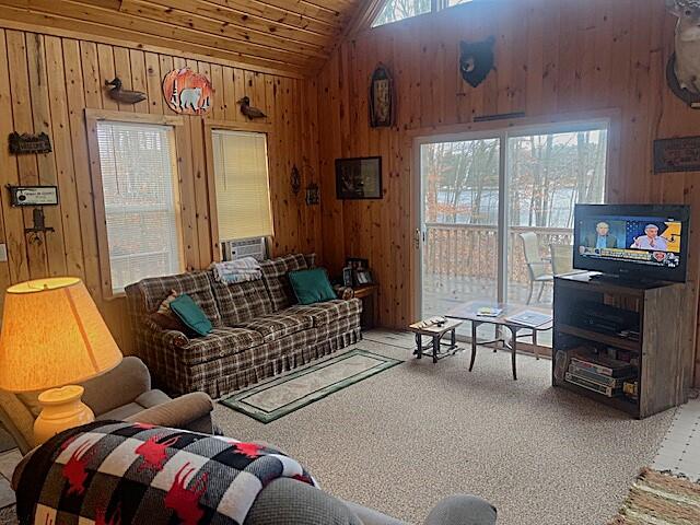 living room with carpet flooring, a healthy amount of sunlight, and lofted ceiling