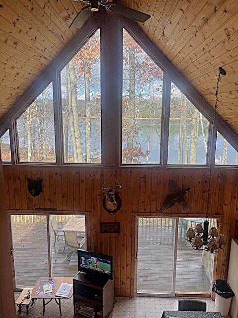 details featuring carpet flooring, ceiling fan with notable chandelier, wood ceiling, and wood walls