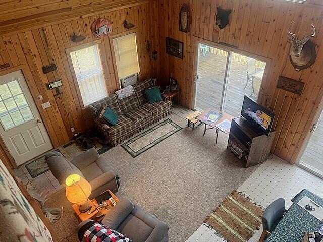 living room with carpet flooring, a high ceiling, and wooden walls