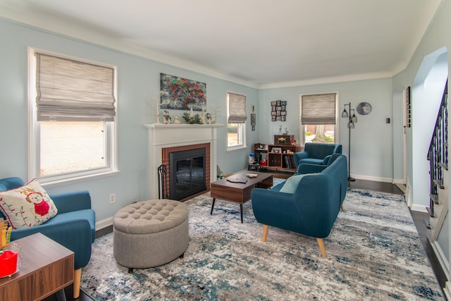 living room featuring a fireplace and a healthy amount of sunlight