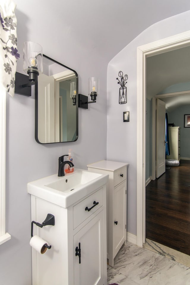 bathroom with hardwood / wood-style floors and vanity