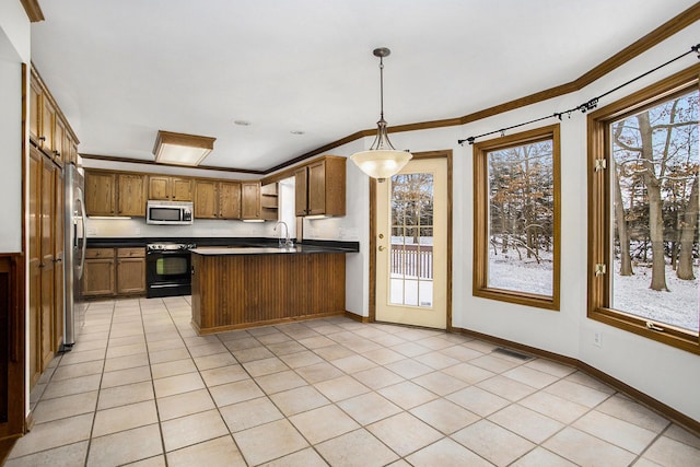 kitchen featuring stainless steel appliances, kitchen peninsula, pendant lighting, light tile patterned flooring, and ornamental molding