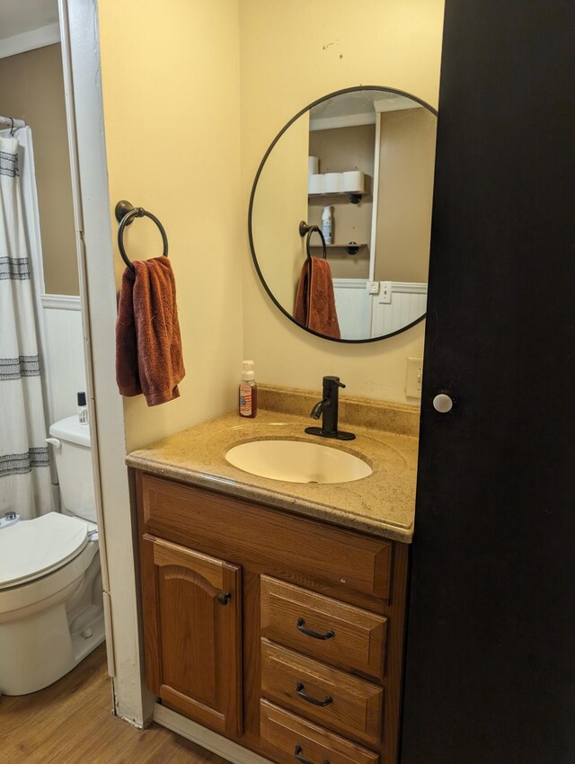 bathroom with hardwood / wood-style floors, vanity, and toilet