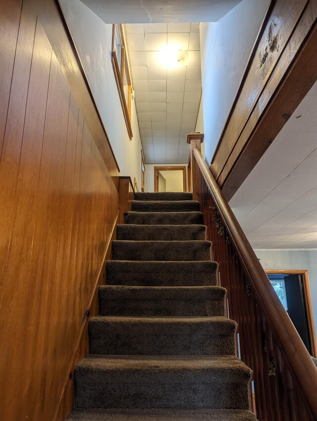 stairs featuring wood walls