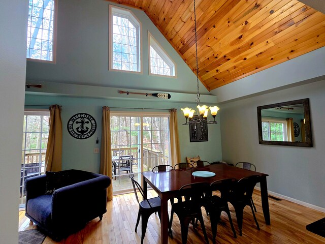 dining space with a notable chandelier, plenty of natural light, light wood-type flooring, and high vaulted ceiling