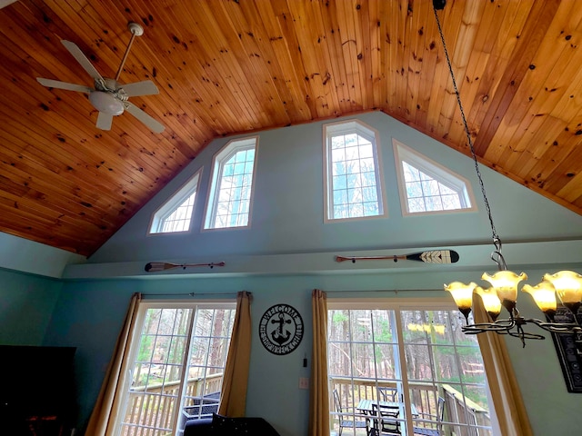 room details with ceiling fan with notable chandelier and wood ceiling