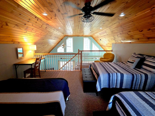 bedroom featuring carpet flooring, lofted ceiling, and wood ceiling