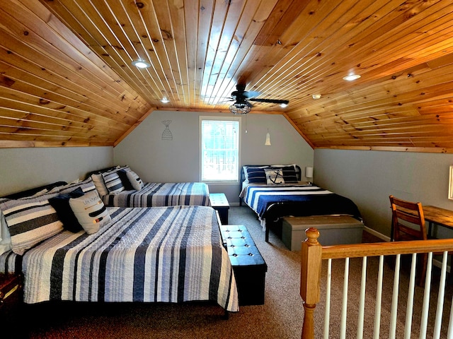 carpeted bedroom with lofted ceiling, ceiling fan, and wooden ceiling