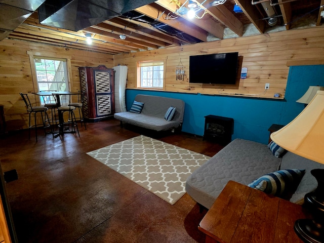 living room with wooden walls