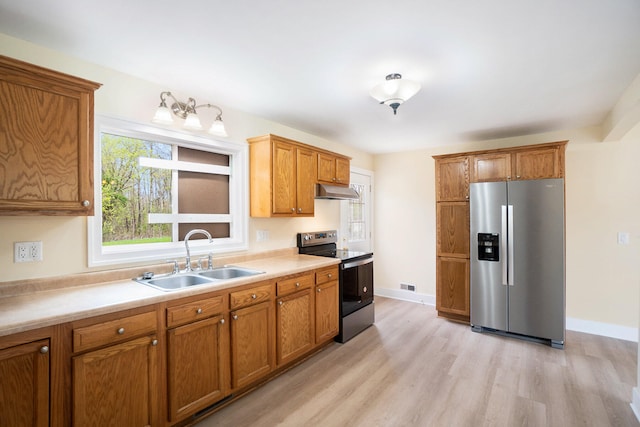 kitchen featuring appliances with stainless steel finishes, light hardwood / wood-style floors, and sink