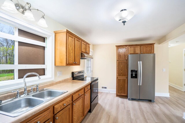 kitchen with hanging light fixtures, sink, light hardwood / wood-style floors, and appliances with stainless steel finishes