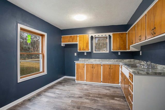 kitchen with a textured ceiling, dark wood-type flooring, and sink