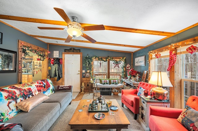 carpeted living room featuring a textured ceiling, vaulted ceiling with beams, and a wealth of natural light