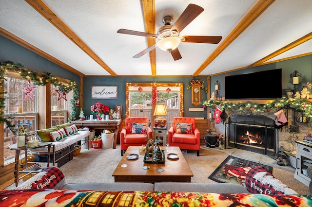 living room featuring light carpet, lofted ceiling with beams, crown molding, ceiling fan, and a textured ceiling