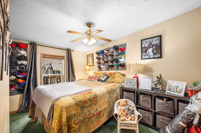 bedroom with carpet flooring, ceiling fan, and a textured ceiling