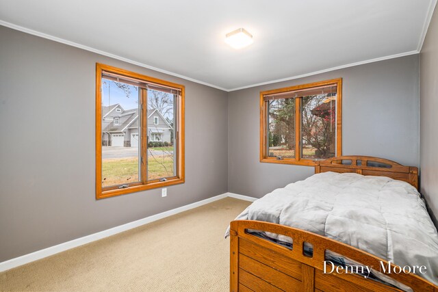 carpeted bedroom featuring multiple windows and ornamental molding