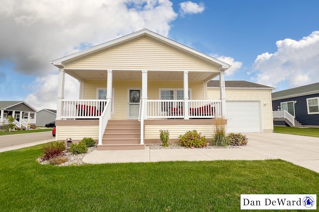 view of front of home with a garage, covered porch, and a front lawn