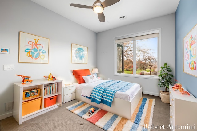 carpeted bedroom with ceiling fan