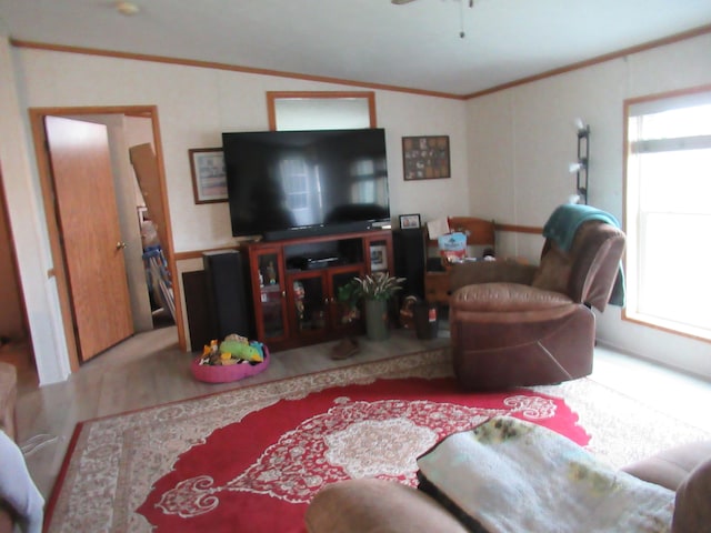 living room featuring plenty of natural light, ornamental molding, and vaulted ceiling