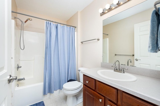 full bathroom featuring tile patterned floors, vanity, toilet, and shower / tub combo with curtain