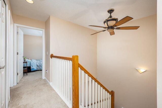 hall with light colored carpet