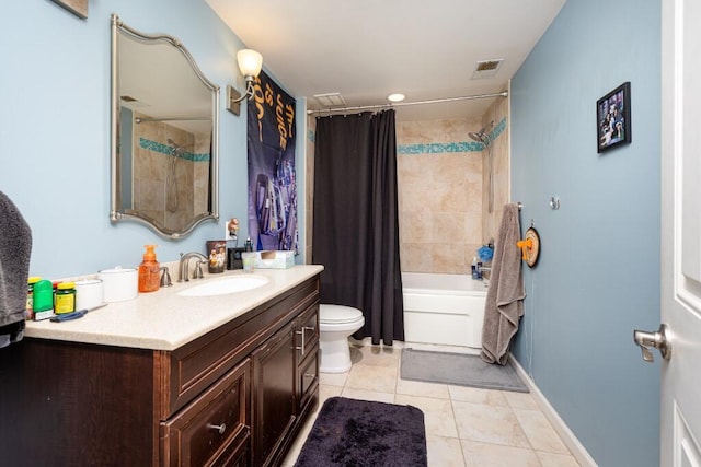 full bathroom featuring tile patterned flooring, vanity, shower / bath combination with curtain, and toilet