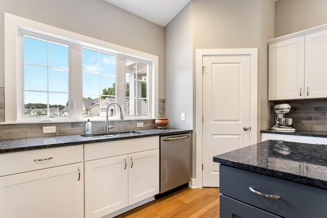 kitchen featuring sink, dishwasher, white cabinets, decorative backsplash, and dark stone counters