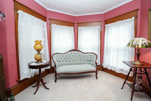 sitting room featuring ornamental molding and carpet floors