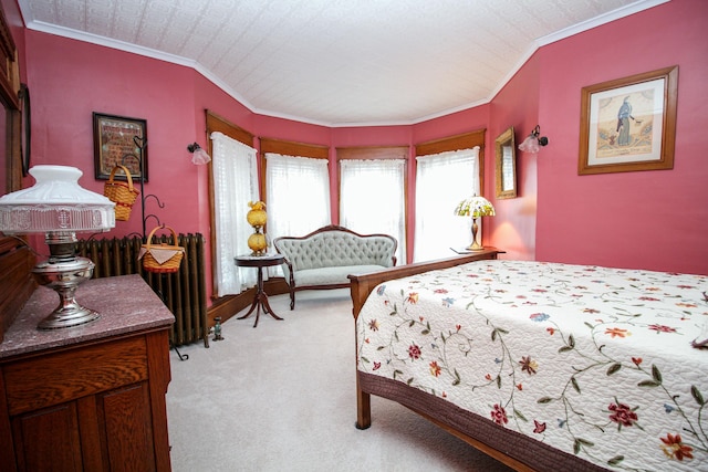 bedroom featuring light carpet, lofted ceiling, and ornamental molding