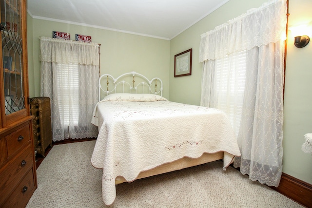 bedroom with crown molding and carpet floors