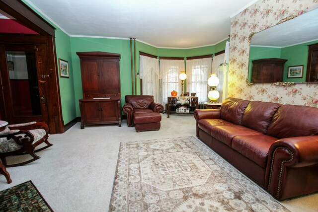 living room featuring carpet floors and crown molding