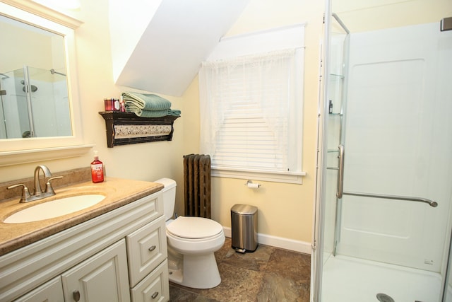 bathroom featuring vanity, toilet, and a shower with door