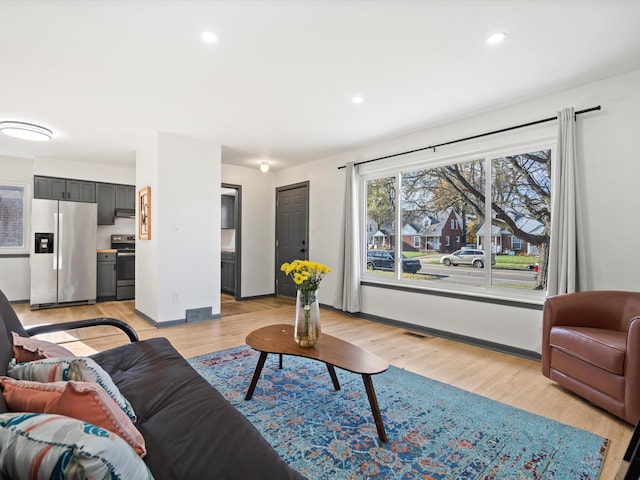 living room with light hardwood / wood-style flooring