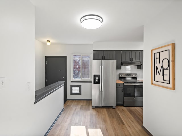 kitchen with decorative backsplash, appliances with stainless steel finishes, and light wood-type flooring