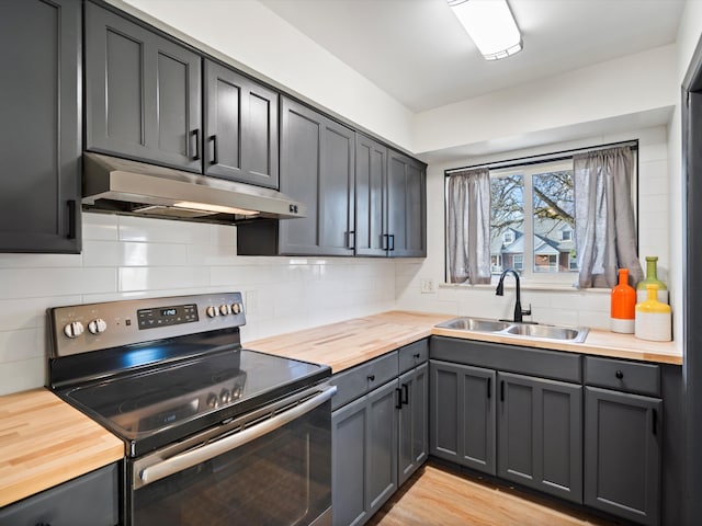 kitchen featuring wooden counters, sink, light hardwood / wood-style flooring, electric range, and tasteful backsplash