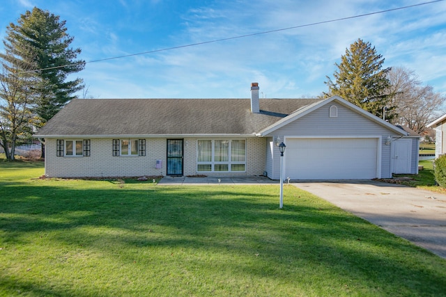 ranch-style house with a garage and a front lawn