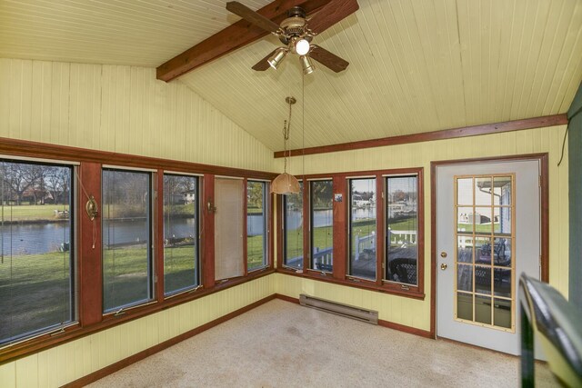 unfurnished sunroom with vaulted ceiling with beams, ceiling fan, a water view, and a baseboard heating unit