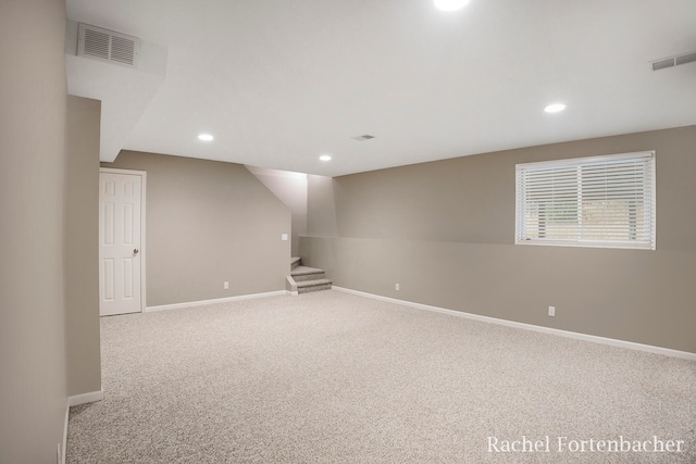 basement featuring carpet flooring