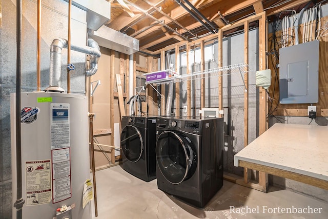 laundry room featuring independent washer and dryer, electric panel, and water heater