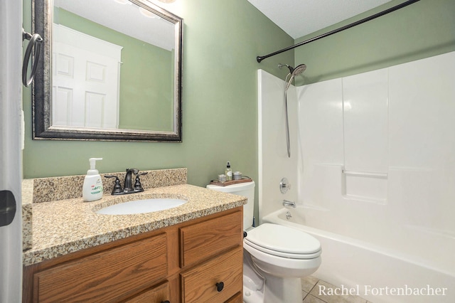 full bathroom with tile patterned floors, a textured ceiling, toilet, vanity, and shower / bathtub combination