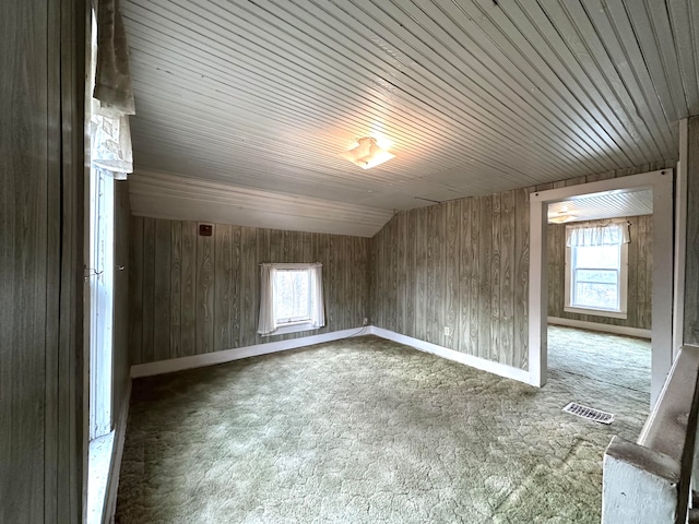 additional living space with wood walls, carpet, and wooden ceiling